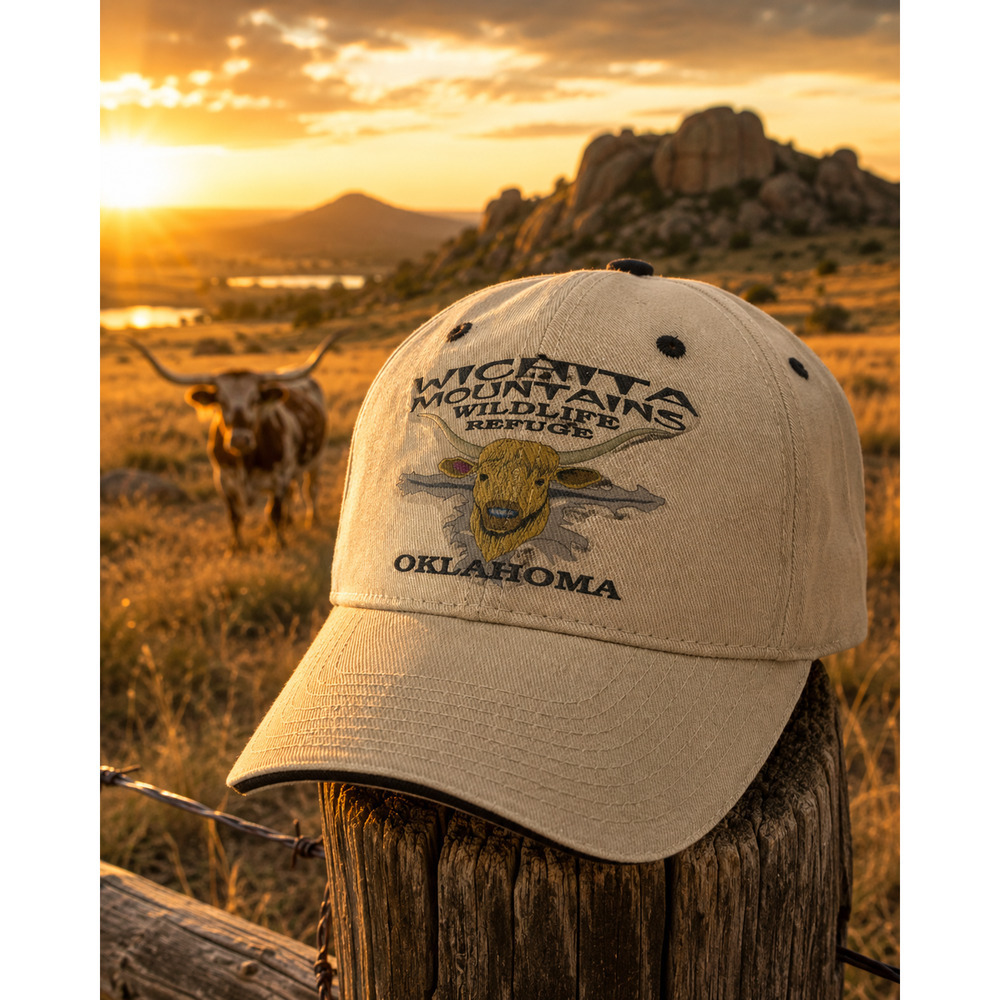 Wichita Mountains Wildlife Refuge Oklahoma Longhorn Khaki Canvas Strapback Hat